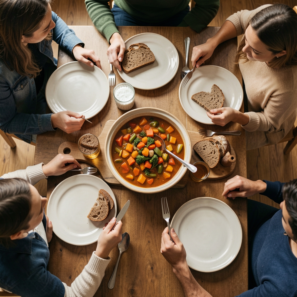 Overhead view of a relaxed family supper with vegetable stew, wholegrain bread and simple ceramic plates