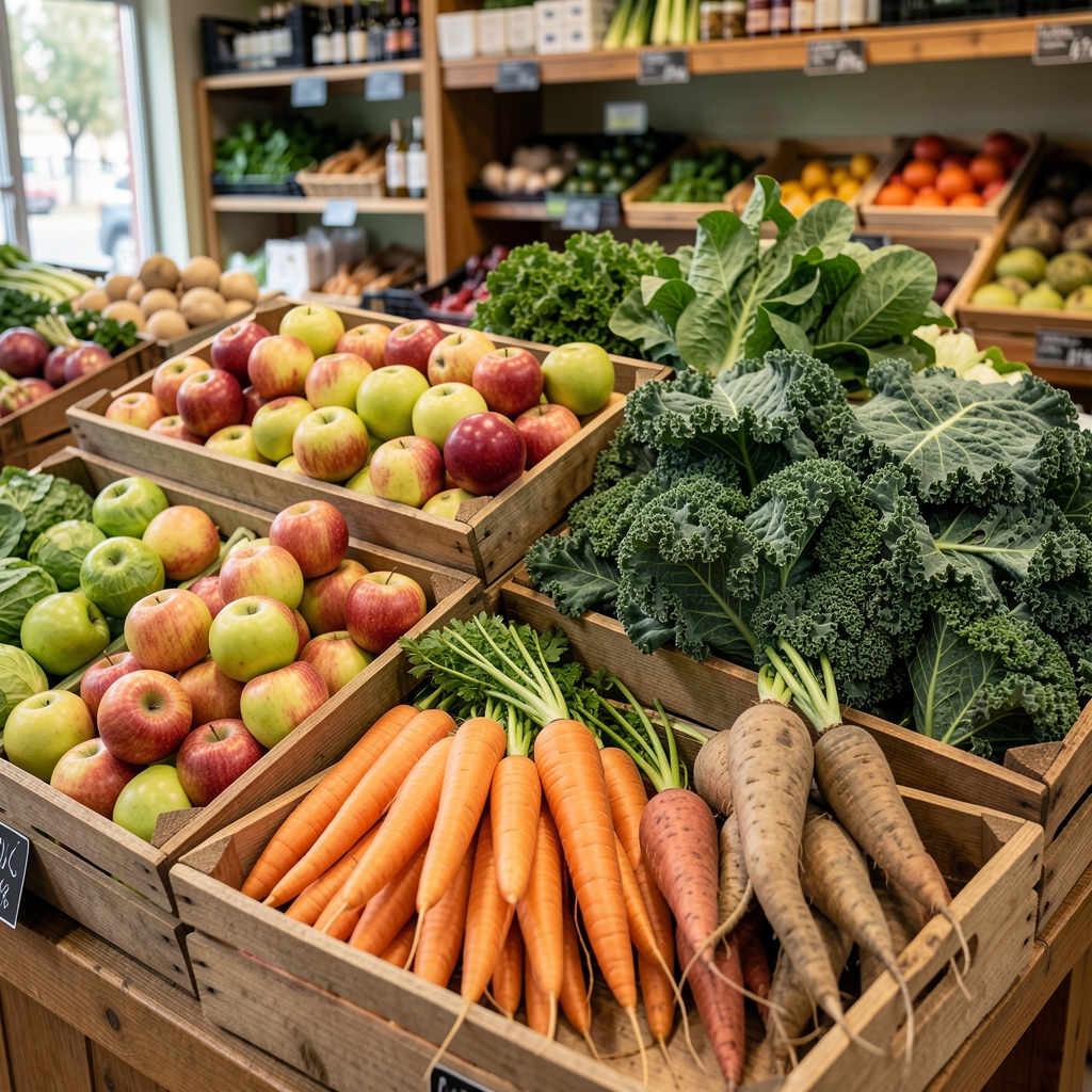 Independent Birmingham greengrocer display with apples, carrots, kale and seasonal root vegetables arranged in wooden crates
