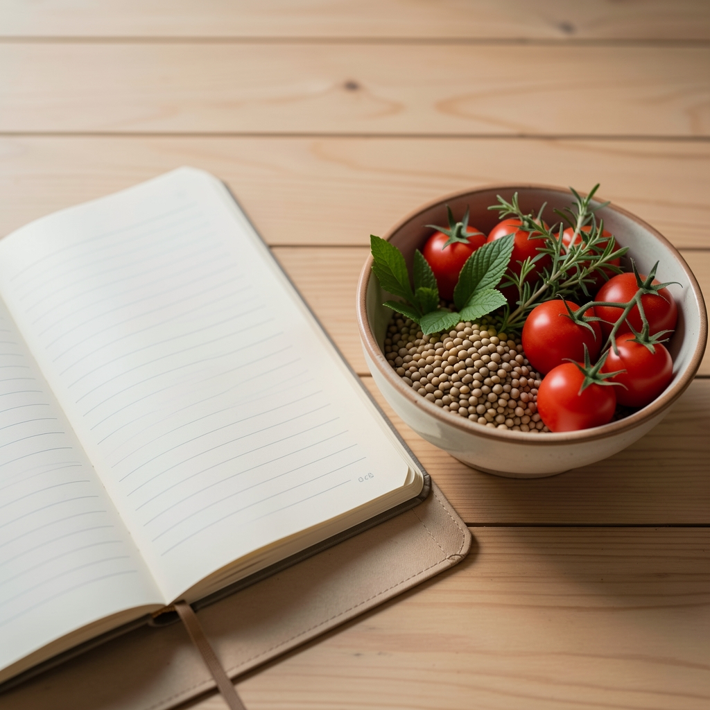Open notebook beside a bowl of tomatoes, lentils and herbs representing a careful review of nutrition research