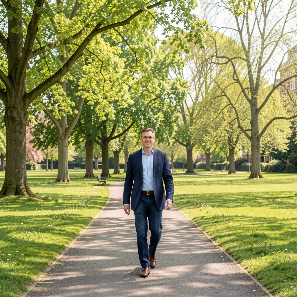 Adult walking along a leafy Birmingham park path on a bright spring morning with trees and open grass nearby