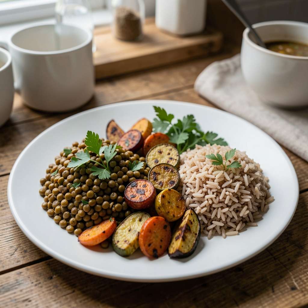 Balanced dinner plate with lentils, roasted vegetables, brown rice and fresh herbs on a kitchen table