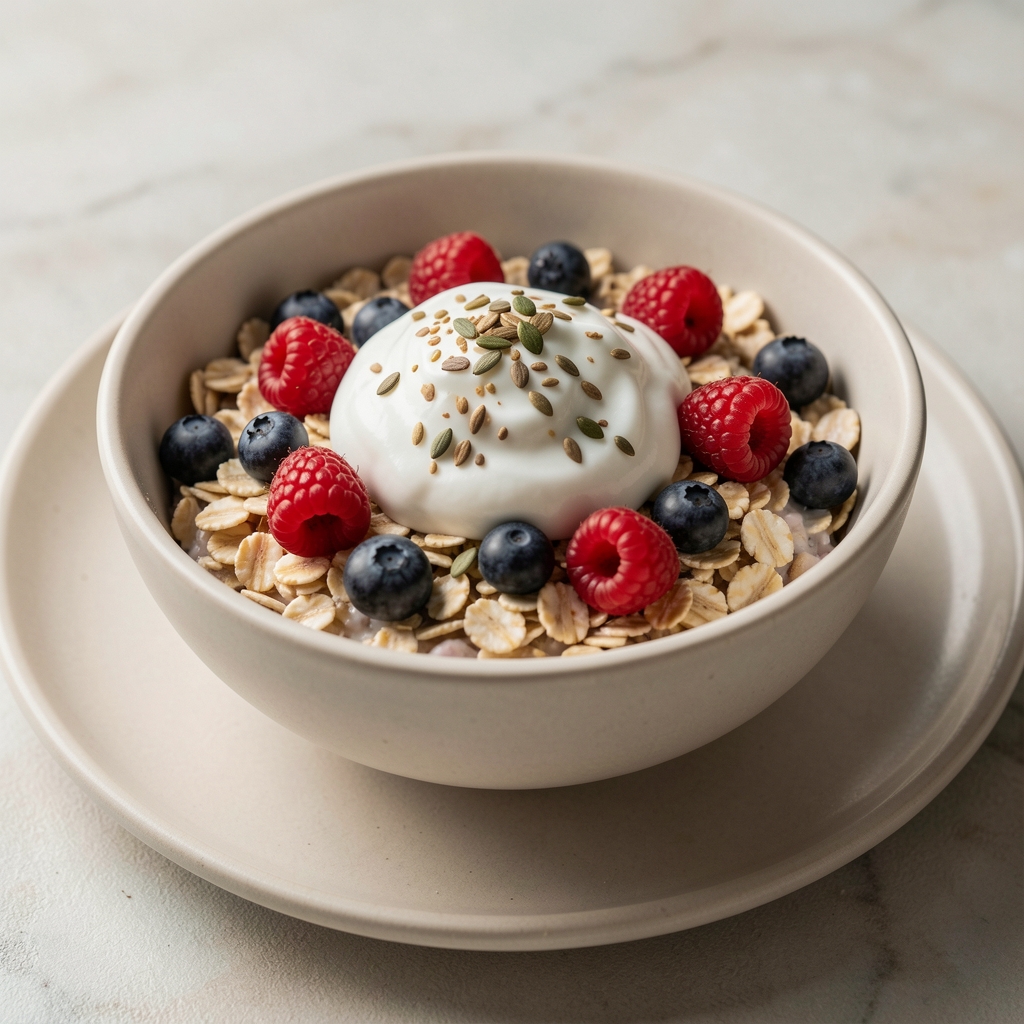 Bowl of oats topped with berries, seeds and yoghurt on a pale ceramic plate