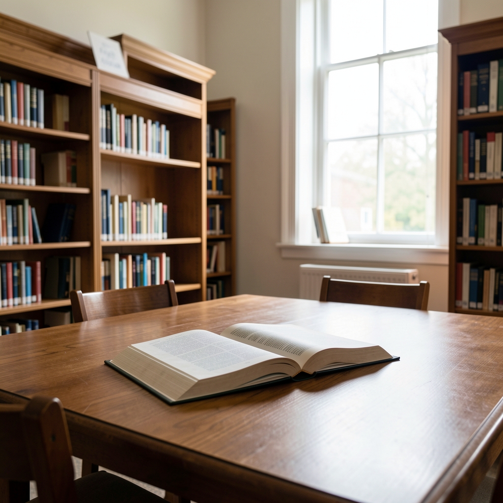 Quiet public library table with open health book and daylight through a tall window