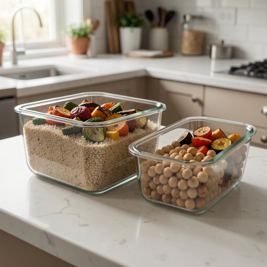 Glass meal preparation containers filled with grains, roasted vegetables and chickpeas on a kitchen counter