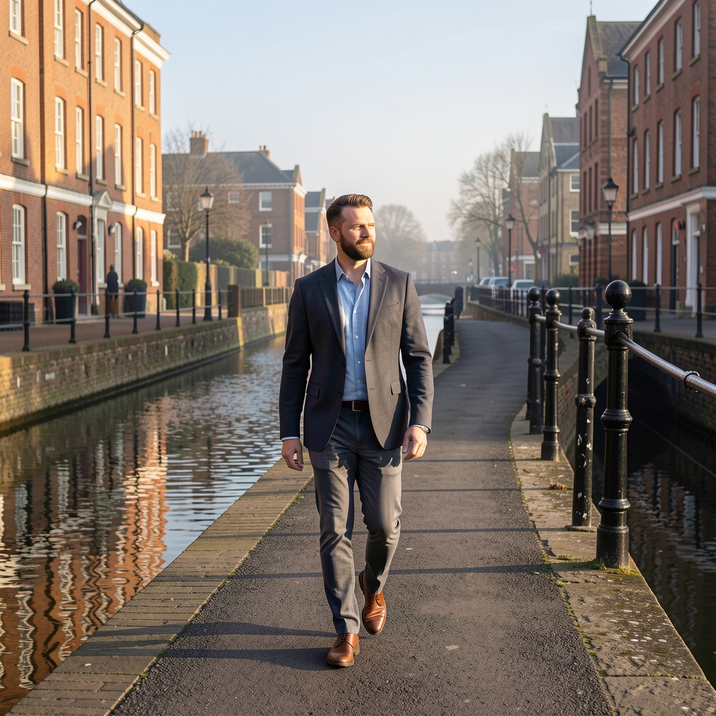 Man walking along a quiet canal path in Birmingham during a clear early morning