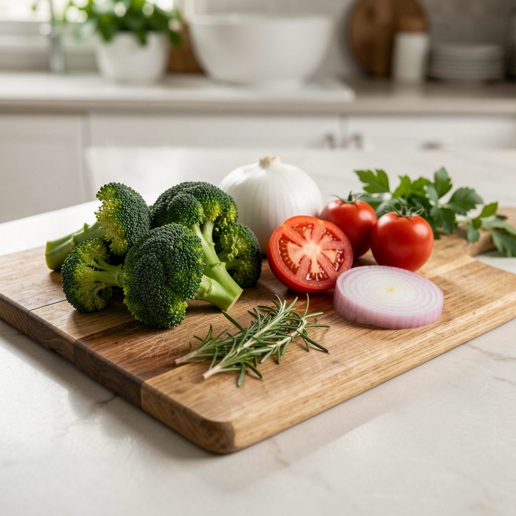 Chopping board with broccoli, tomatoes, onions and herbs prepared for a simple family meal