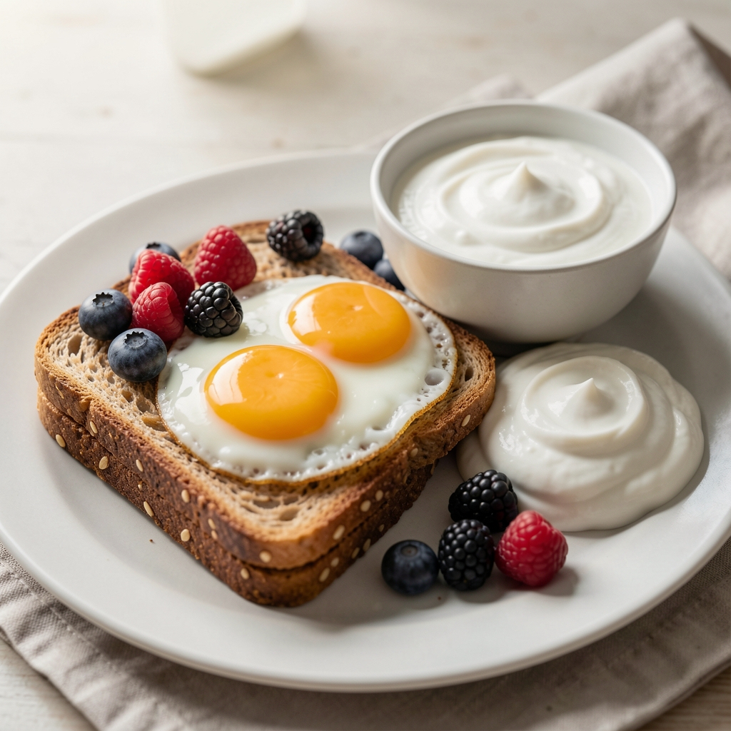 Wholegrain toast, eggs, berries and unsweetened yoghurt arranged for breakfast